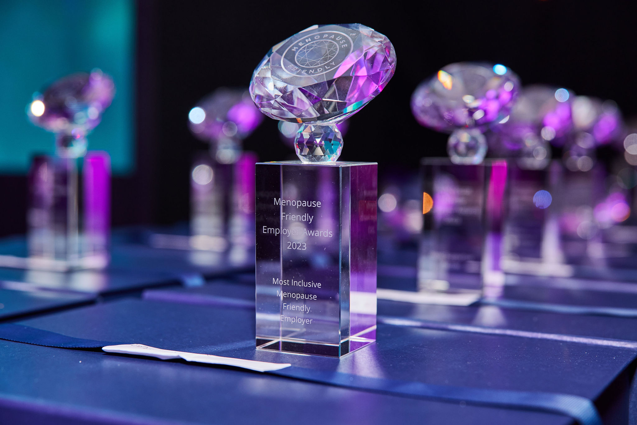 Trophies on display at The Menopause Friendly Employer Awards 2023 | Menopause in the Workplace